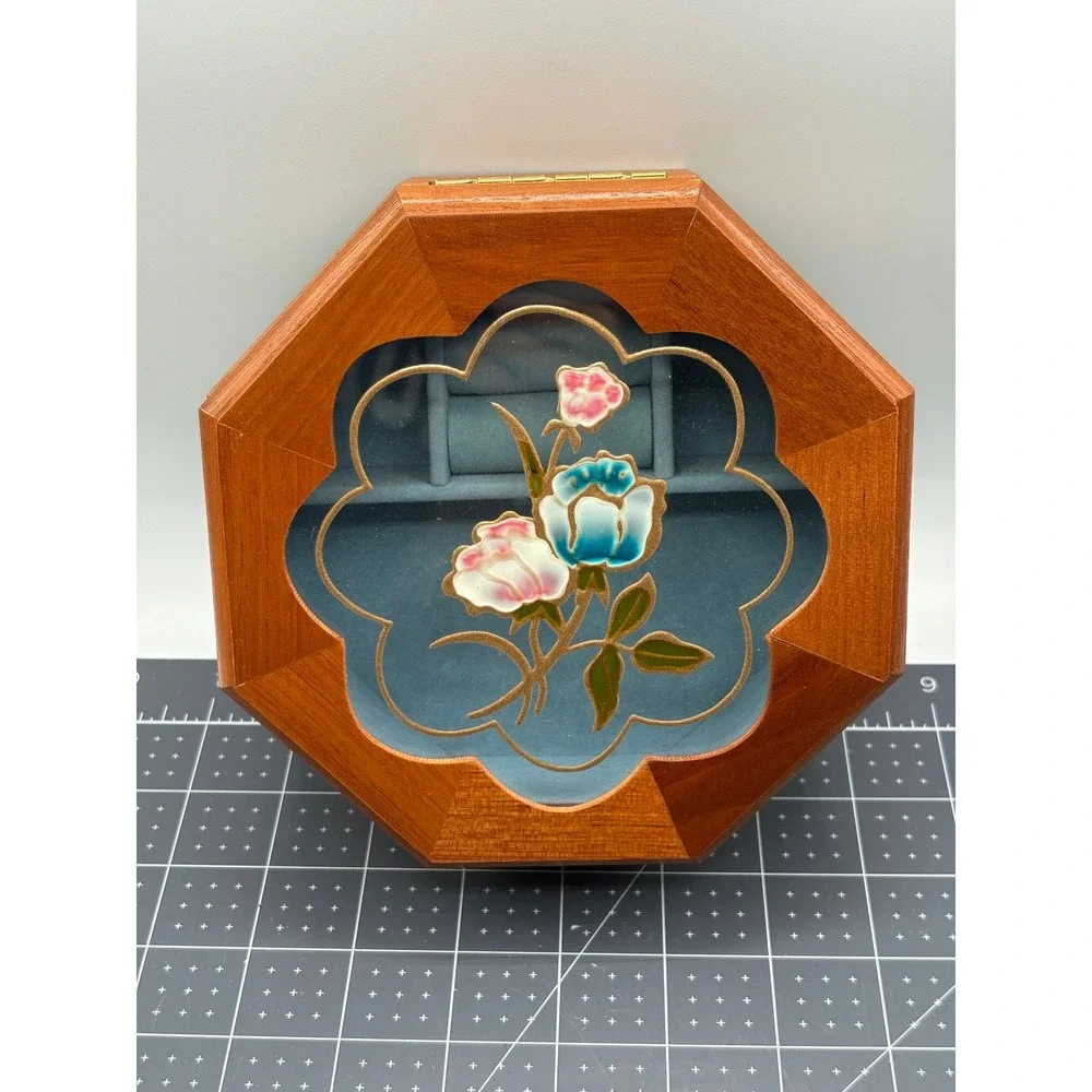 Vintage Mele Wooden Jewelry Box Octagon Floral Glass Lid Blue Velvet Interior
